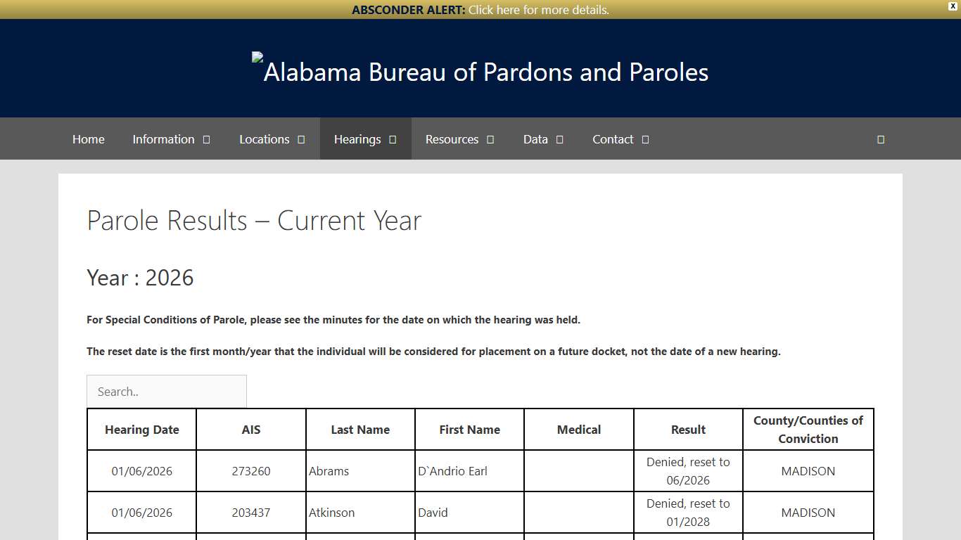 Parole Results - Current Year - Alabama Bureau of Pardons and Paroles